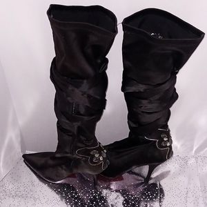LUICHINY BLACK SATIN RHINESTONE JEWELED BOOTS WITH SATIN RIBBON TIES